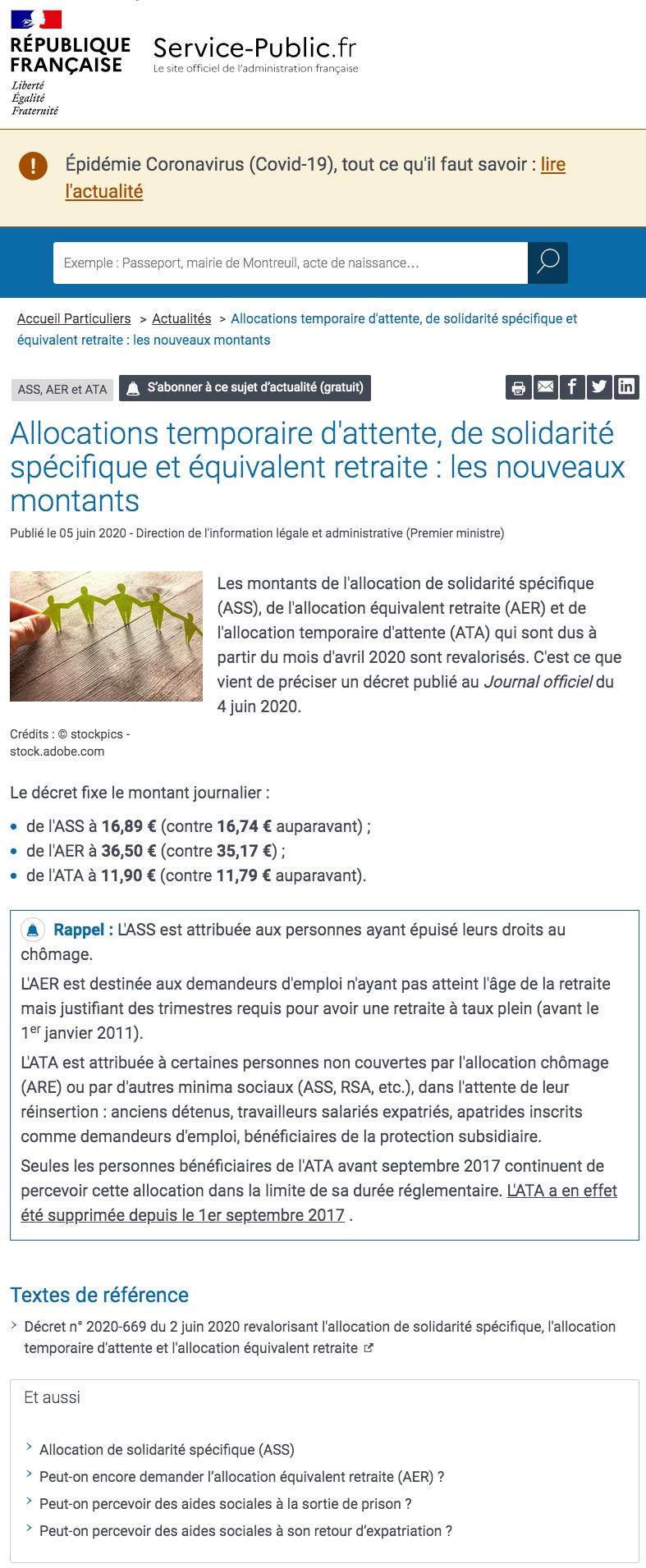 Les Montants De L Allocation De Solidarite Specifique Ass De L Allocation Equivalent Retraite Aer Et De L Allocation Temporaire D Attente Ata Qui Sont Dus A Partir Du Mois D Avril 2020 Sont Revalorises Inser Eco