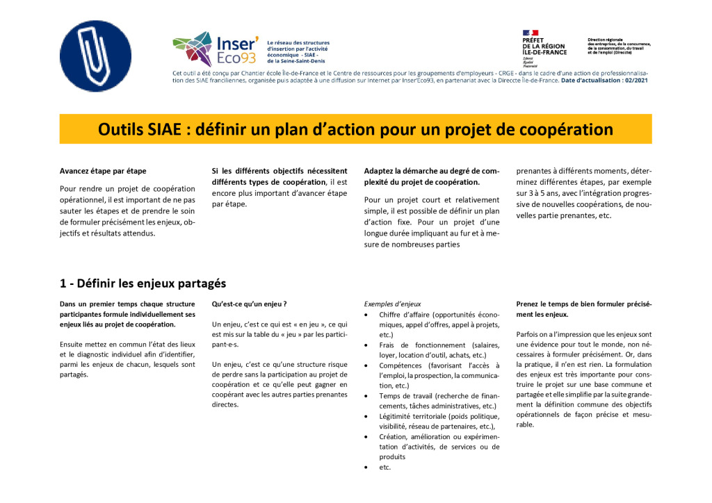thumbnail of Outil Projet de coopération – Définir un plan d’actions—