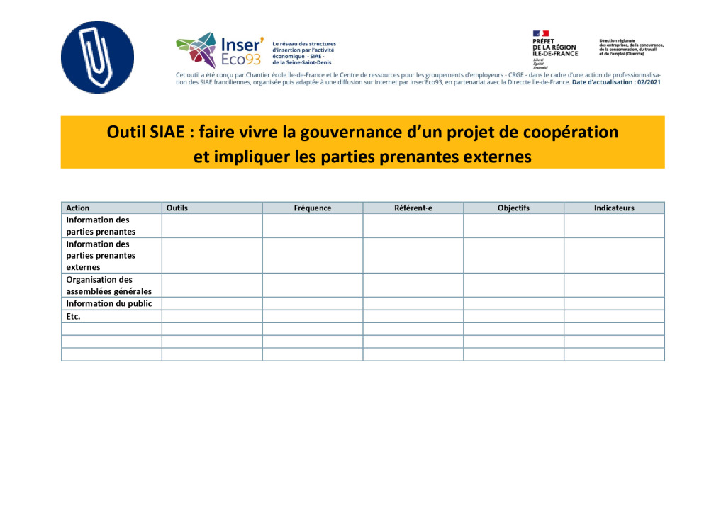 thumbnail of Outil Projet de coopération – Faire vivre la gouvernance-